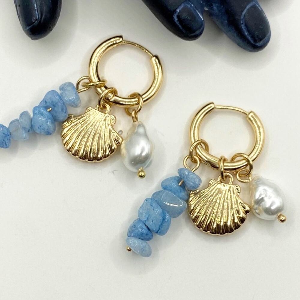 NEW Shell And Stone Cluster Charm Hoop Earrings